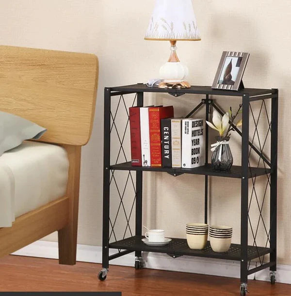 3 Layer Foldable Mobile Wheels Storage Cart, Large Iron Multifunctional Living Room Rack, Multilayer Bookshelf Display Kitchen Storage Rack, Metal Shelving Units Storage Racks with Lockable Wheels, Kitchen Home Space Saving Organizer 3 Layer Foldable Mobile Wheels Storage Cart, Large Iron Multifunctional Living Room Rack, Multilayer Bookshelf Display Kitchen Storage Rack, Metal Shelving Units Storage Racks with Lockable Wheels, Kitchen Home Space Saving Organizer